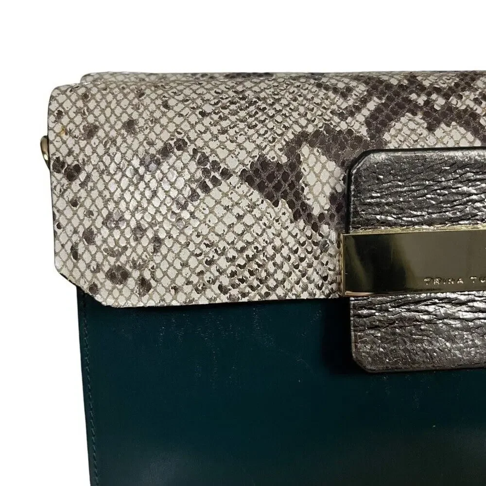 Trina Turk Womens Leather Handbag Teal Snakeskin Purse Flap Pocket Silver Gold